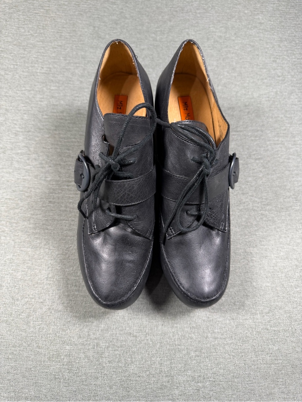 Miz Mooz Black Leather Lace-Up Heeled Oxfords with Side Buckle